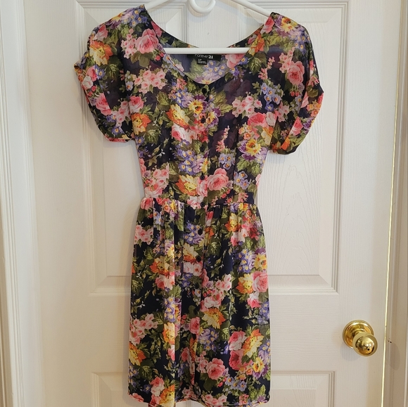 Sheer navy blue floral print button down tea dress S - Picture 1 of 6